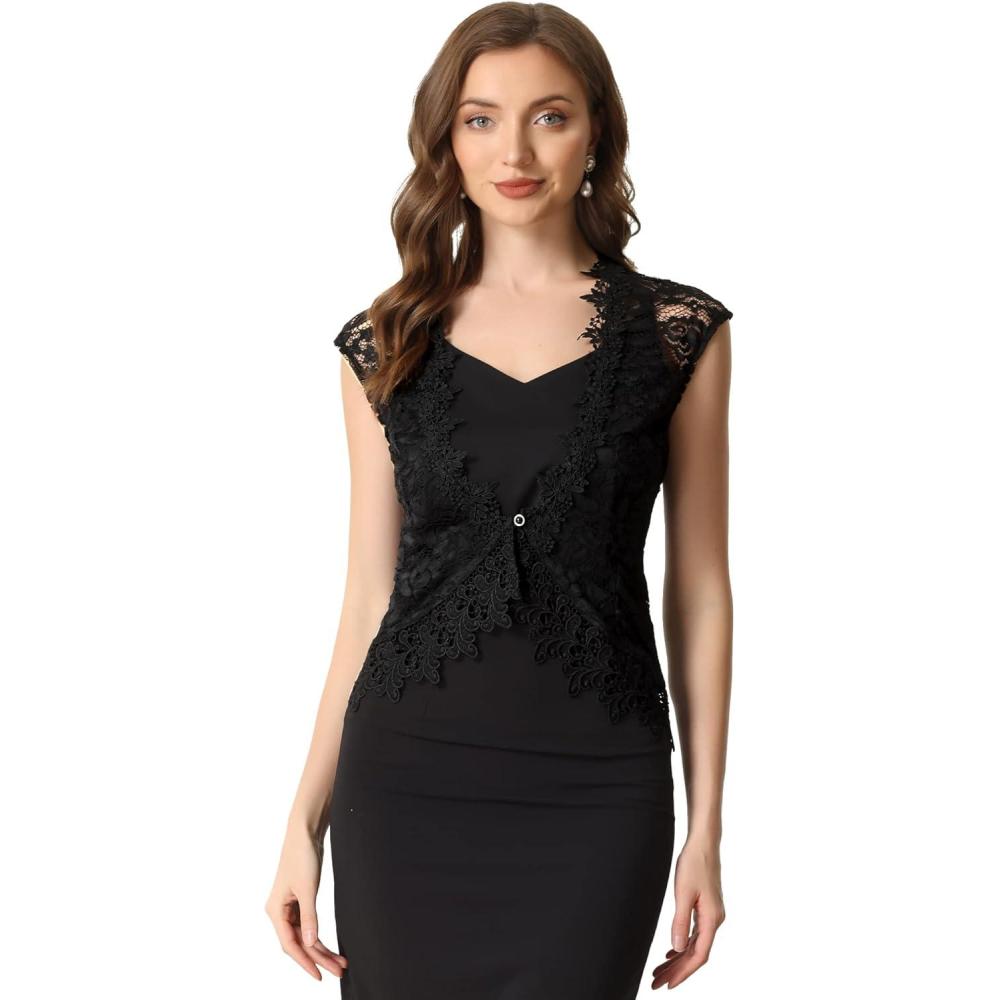 imageAllegra K Floral Lace Shrug for Womens Wedding Guest Cap Sleeve Formal Sheer Bolero CardiganBlack