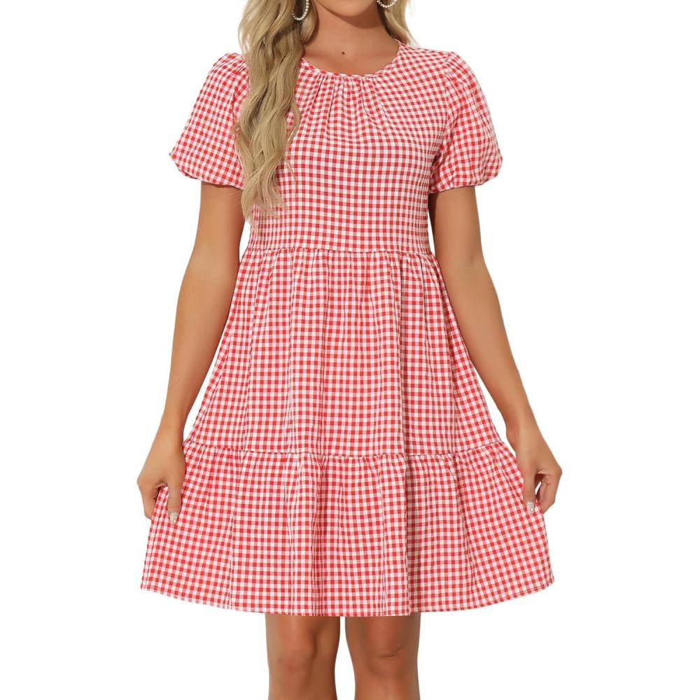 imageAllegra K Summer Dress for Women Gingham Short Sleeve Plaid Dresses Crewneck Loose Babydoll Casual Tiered DressesRed