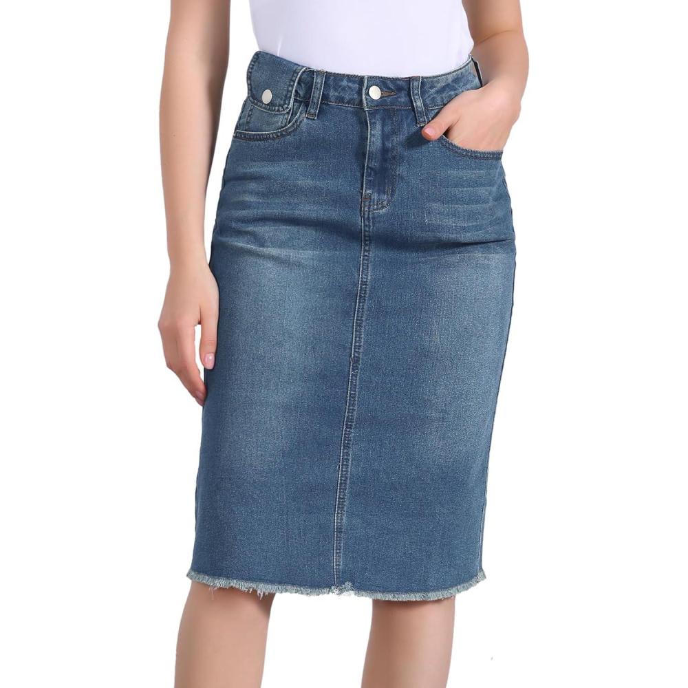 imageAllegra K Womens Casual Jean Skirt High Waist Back Slit Stretch Denim SkirtsBlue