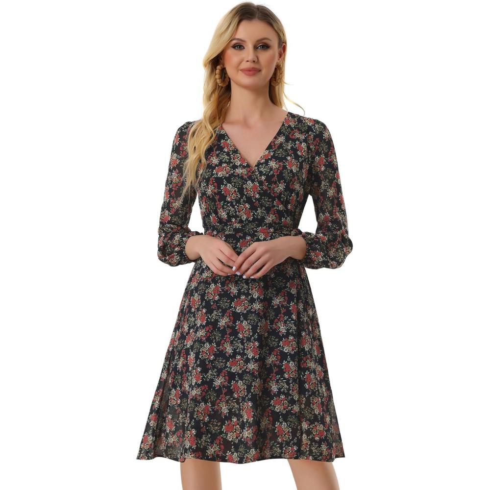 imageAllegra K Womens Chiffon Floral Sexy Deep V Neck Tie Waist Bishop Sleeve Casual Wrap Midi DressBlack