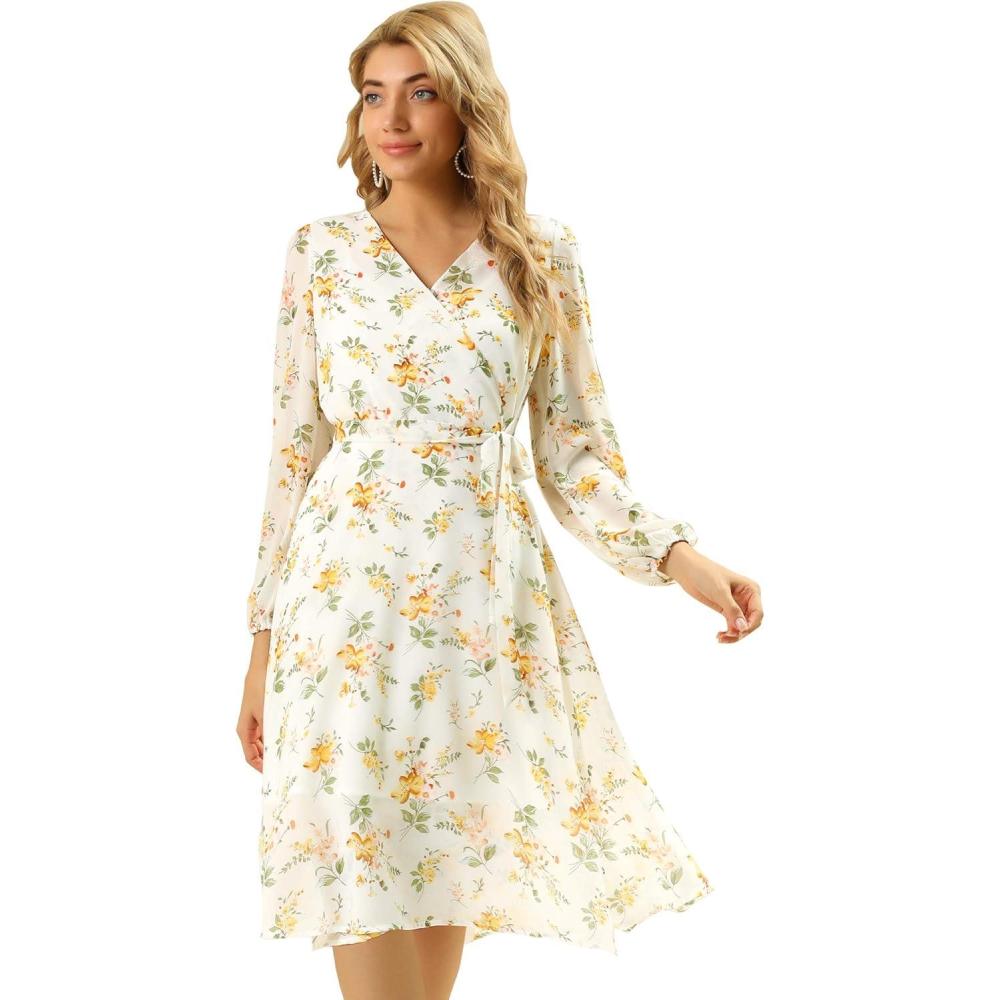 imageAllegra K Womens Chiffon Floral Sexy Deep V Neck Tie Waist Bishop Sleeve Casual Wrap Midi DressWhite