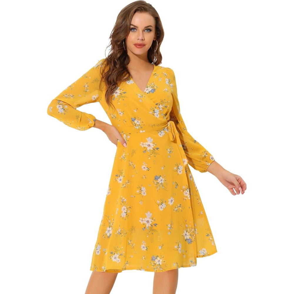 imageAllegra K Womens Chiffon Floral Sexy Deep V Neck Tie Waist Bishop Sleeve Casual Wrap Midi DressYellow