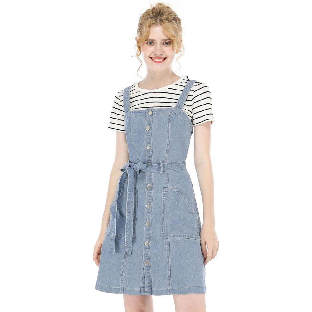imageAllegra K Womens Classic Overall Dresses Adjustable Strap Pinafore Denim Jean DressLight Blue