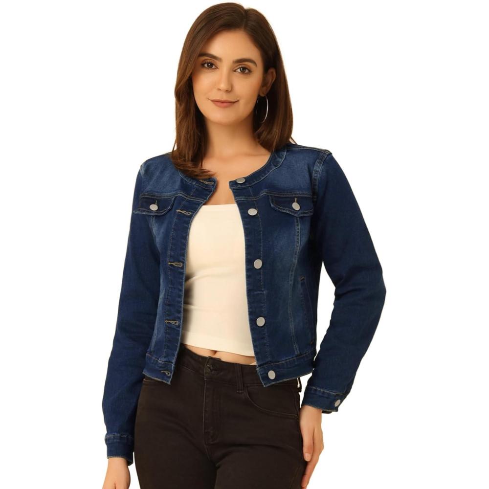imageAllegra K Womens Denim Jacket Collarless Round Neck Button Down Long Sleeve Jean JacketsDeep Blue