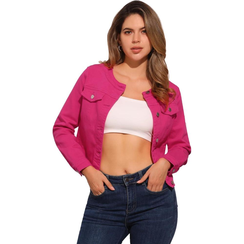 imageAllegra K Womens Denim Jacket Collarless Round Neck Button Down Long Sleeve Jean JacketsHot Pink
