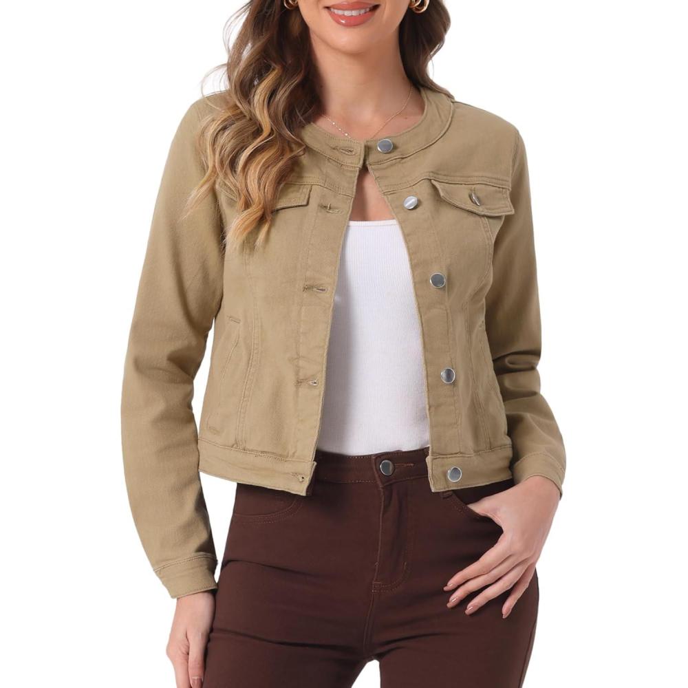 imageAllegra K Womens Denim Jacket Collarless Round Neck Button Down Long Sleeve Jean JacketsKhaki