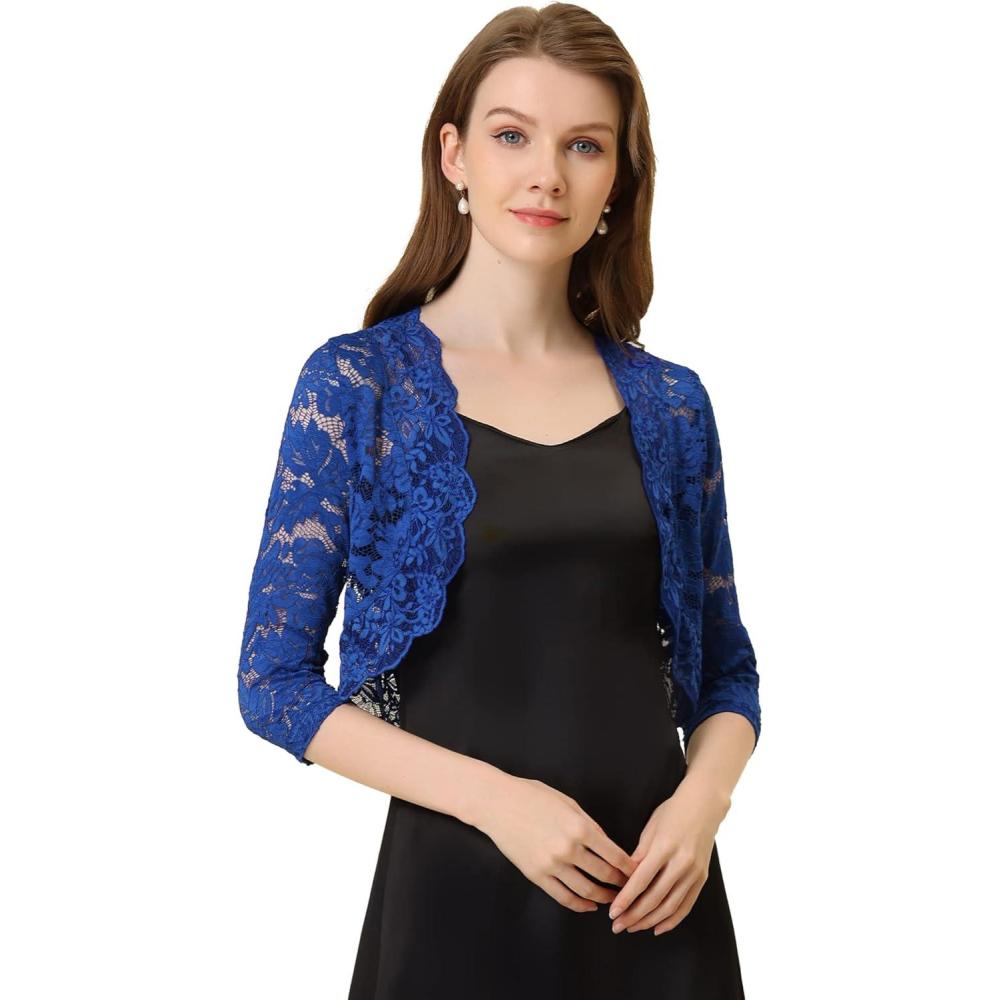 imageAllegra K Womens Elegant 34 Sleeve Sheer Floral Lace Shrug TopCobalt Blue