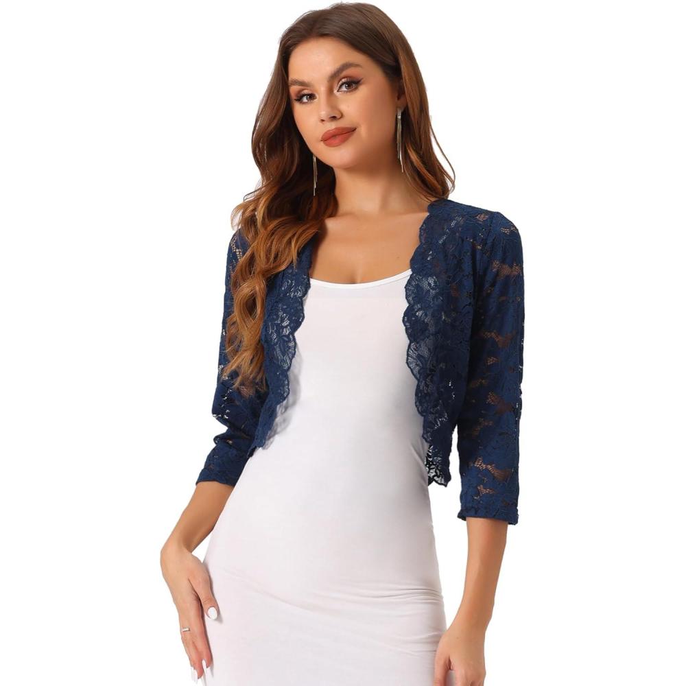 imageAllegra K Womens Elegant 34 Sleeve Sheer Floral Lace Shrug TopDark Blue
