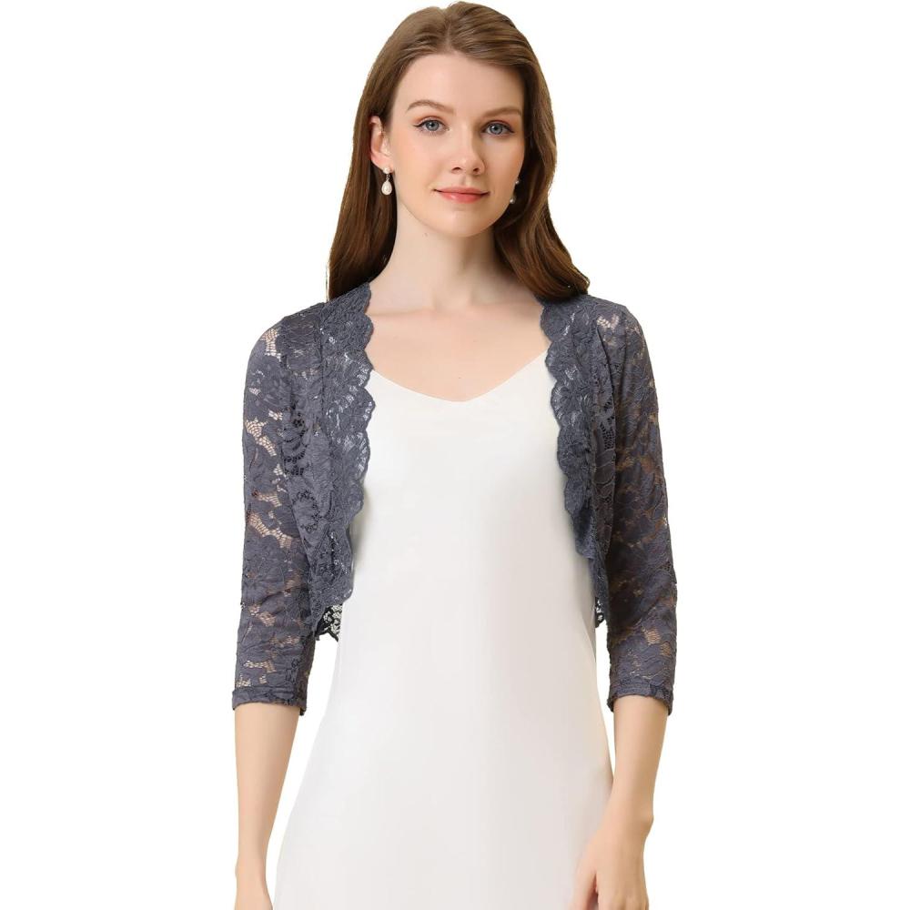 imageAllegra K Womens Elegant 34 Sleeve Sheer Floral Lace Shrug TopDark Gray