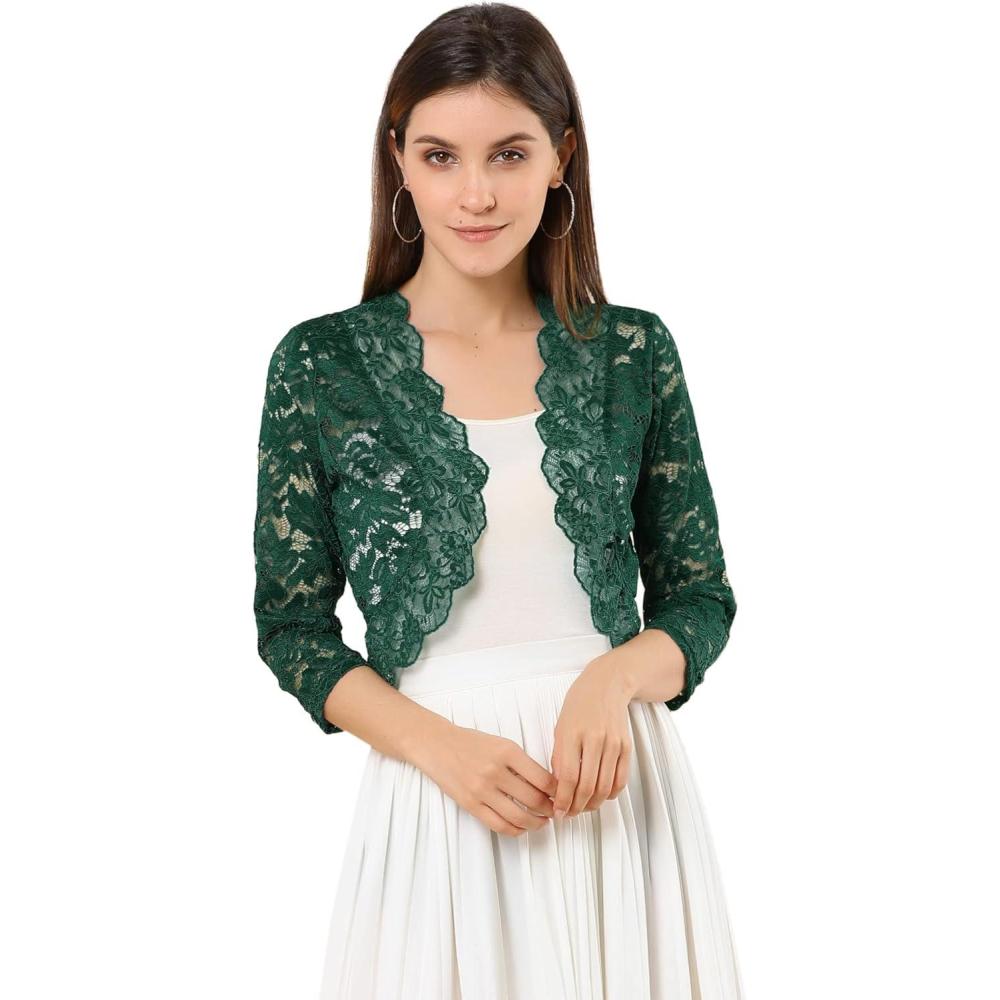 imageAllegra K Womens Elegant 34 Sleeve Sheer Floral Lace Shrug TopDark Green