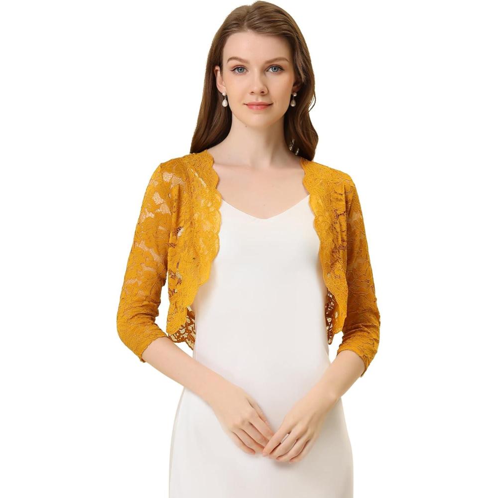 imageAllegra K Womens Elegant 34 Sleeve Sheer Floral Lace Shrug TopGinger