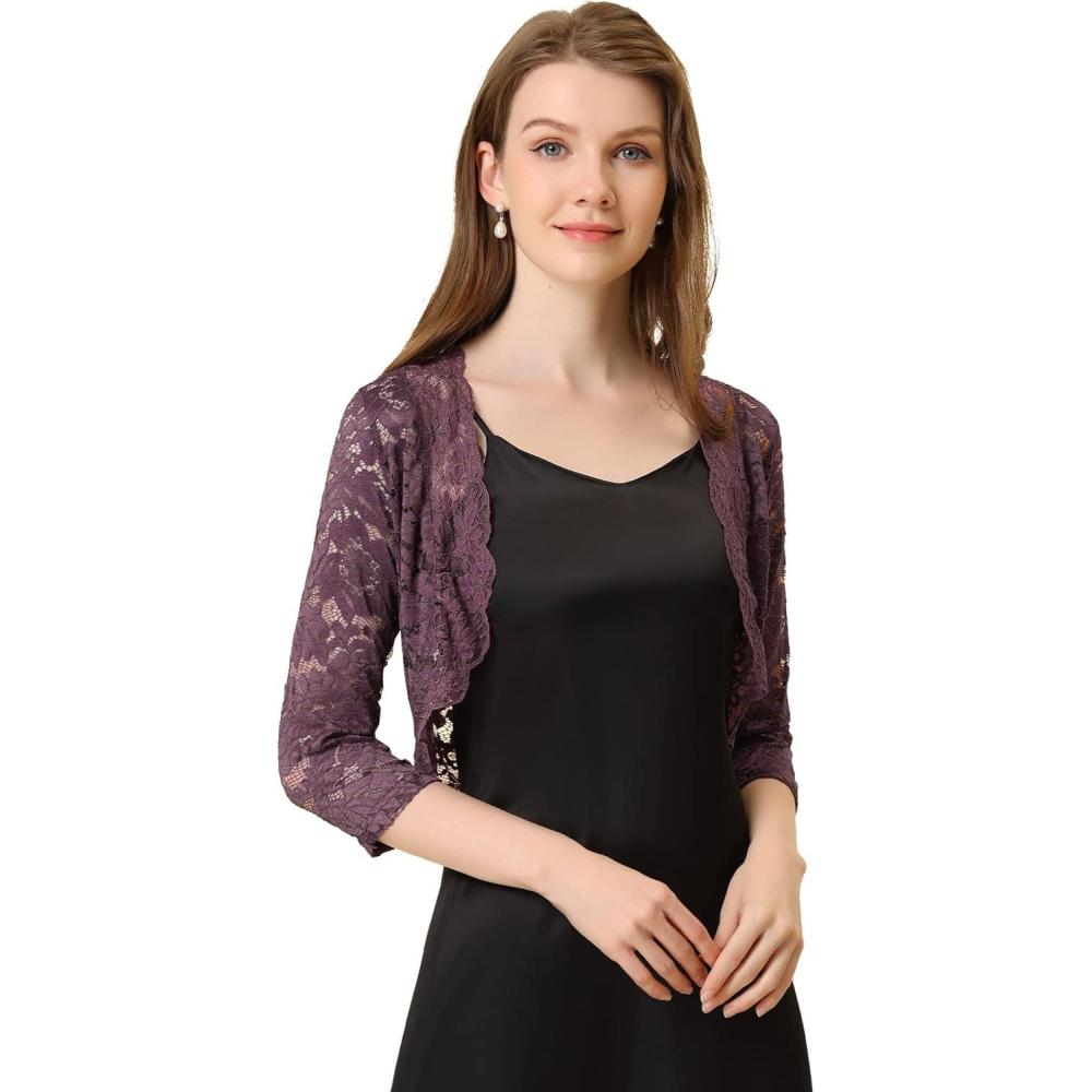 imageAllegra K Womens Elegant 34 Sleeve Sheer Floral Lace Shrug TopGray Purple