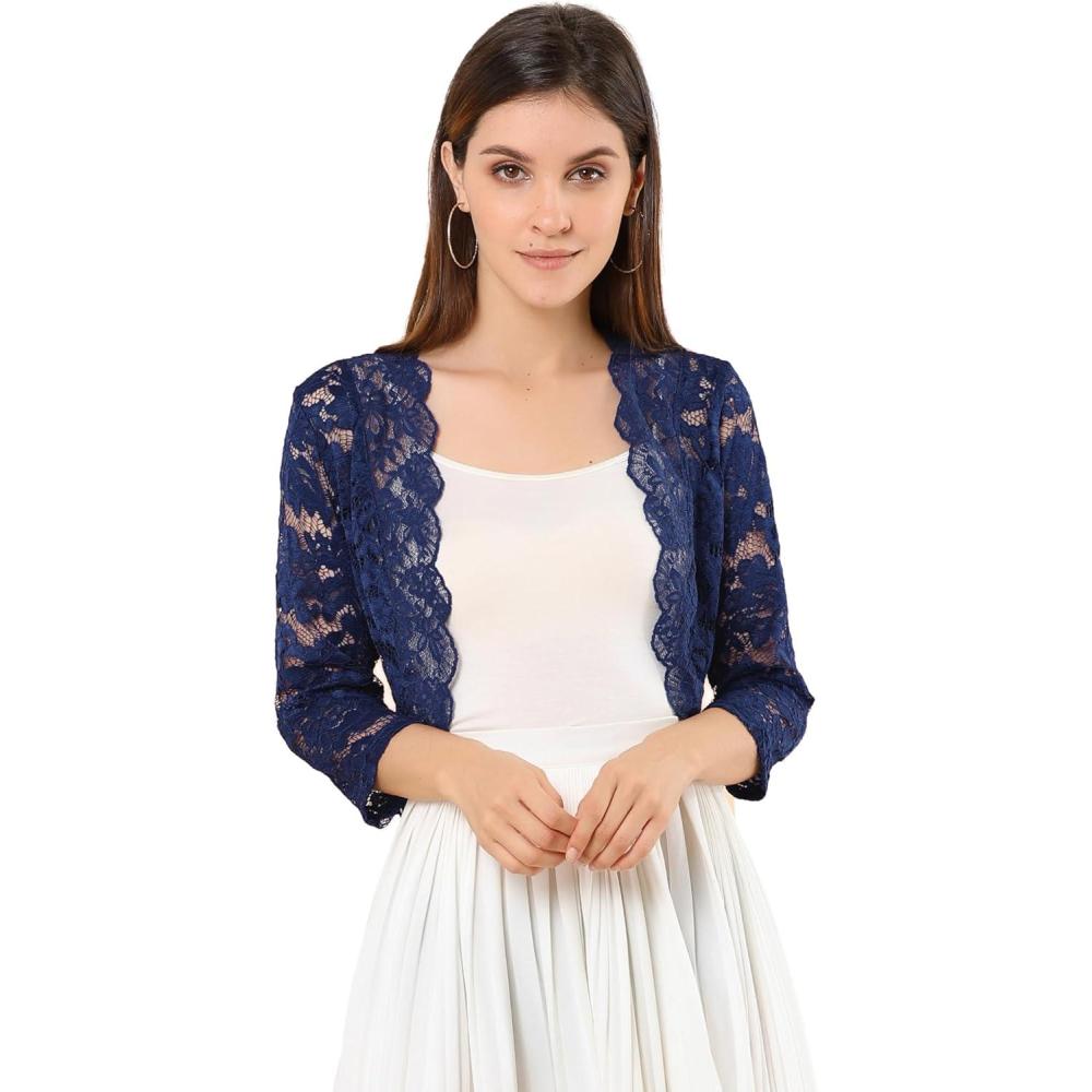 imageAllegra K Womens Elegant 34 Sleeve Sheer Floral Lace Shrug TopNavy
