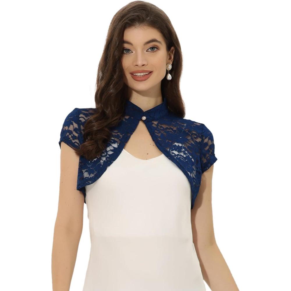 imageAllegra K Womens Lace Cardigan Stand Collar Short Elegant Shrug Open Front Cropped Bolero CardiganDark Blue