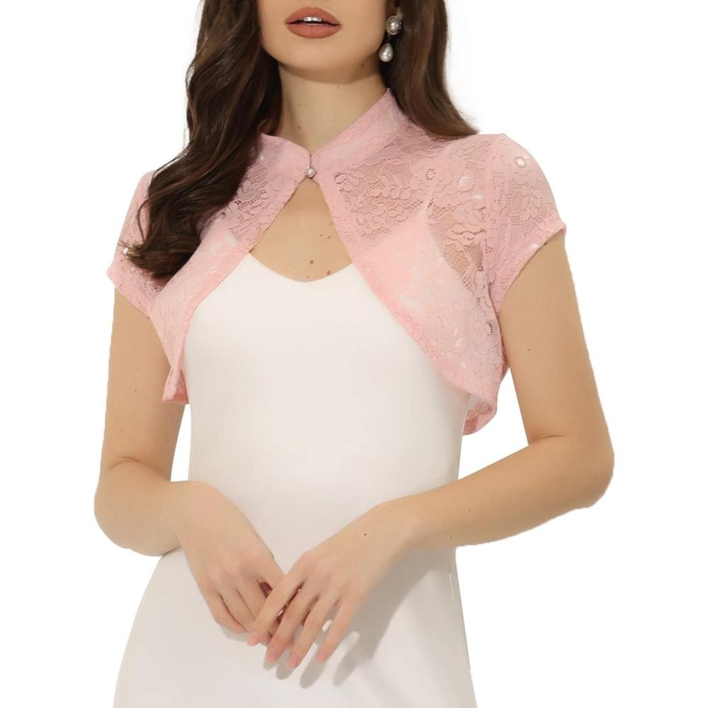 imageAllegra K Womens Lace Cardigan Stand Collar Short Elegant Shrug Open Front Cropped Bolero CardiganPink
