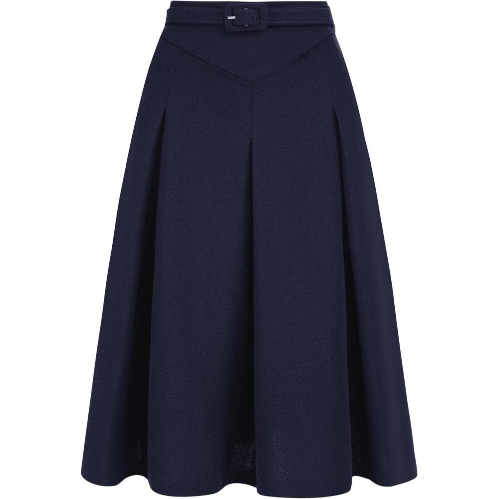 imageAllegra K Womens Office Work Skirts Belted Waist Midi ALine Pleated SkirtDark Blue