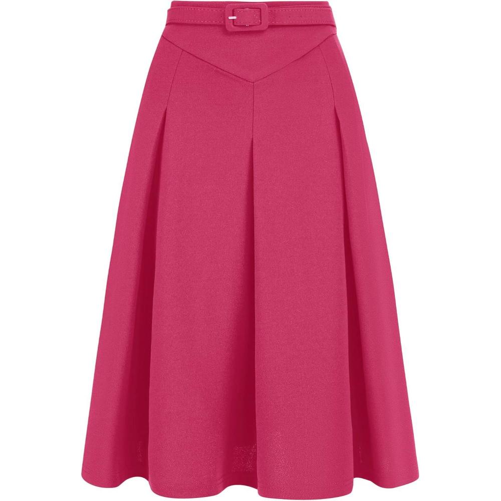 imageAllegra K Womens Office Work Skirts Belted Waist Midi ALine Pleated SkirtFuschia