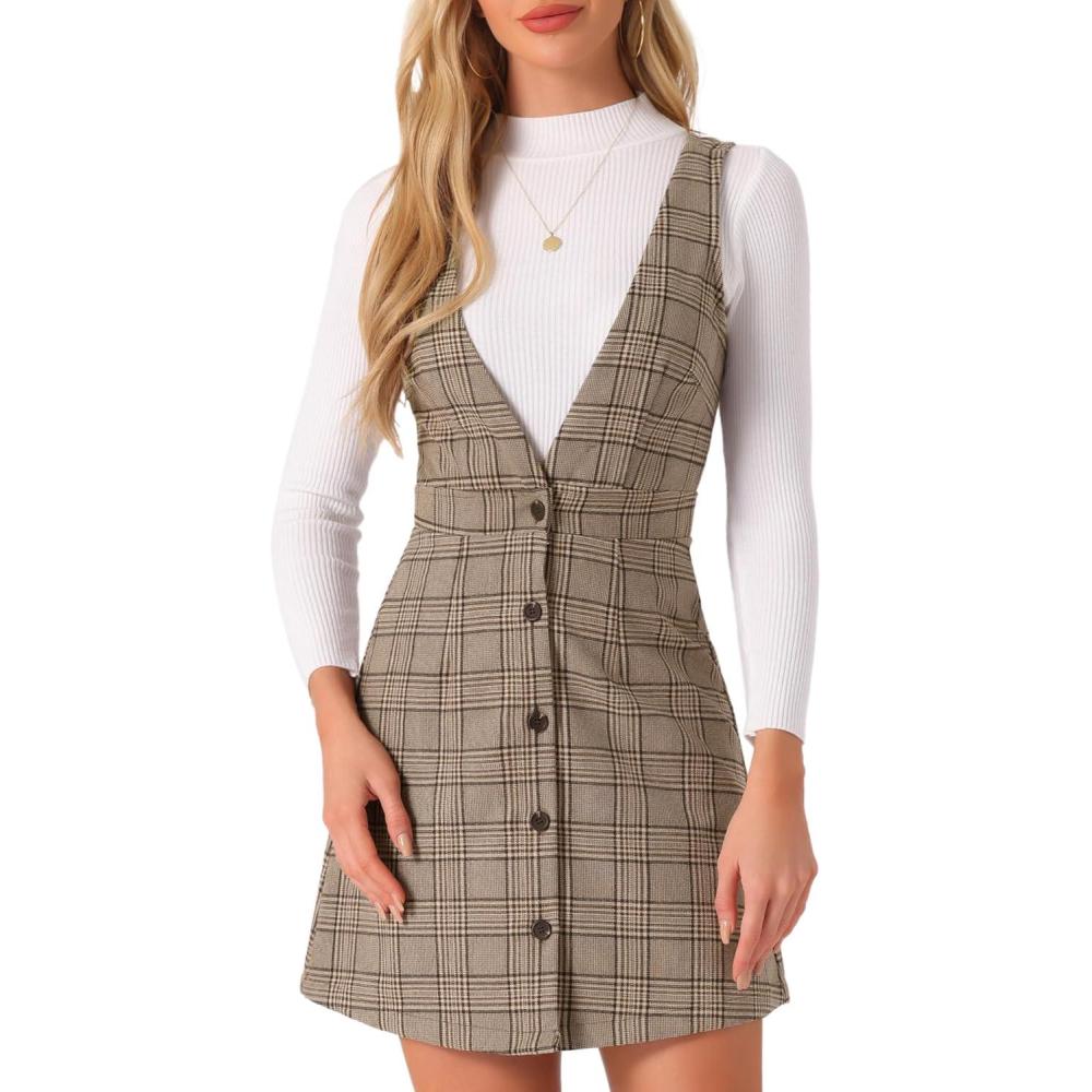 imageAllegra K Womens Overall Dresses Fall Jumper Halloween Houndstooth Pinafore Plaid DressesBrown Check