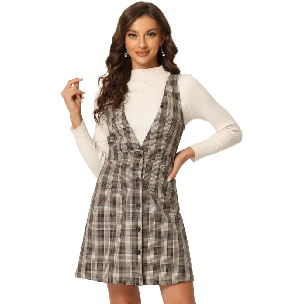 imageAllegra K Womens Overall Dresses Fall Jumper Halloween Houndstooth Pinafore Plaid DressesBrown Orange