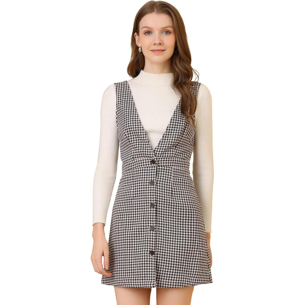 imageAllegra K Womens Overall Dresses Fall Jumper Halloween Houndstooth Pinafore Plaid DressesWhite Brown