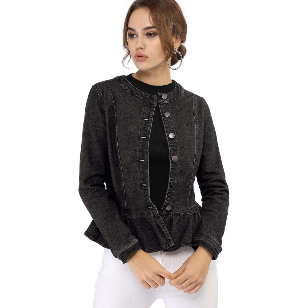 imageAllegra K Womens Peplum Denim Jackets Collarless Round Neck Button Down Cropped Ruffle Hem JacketBlack