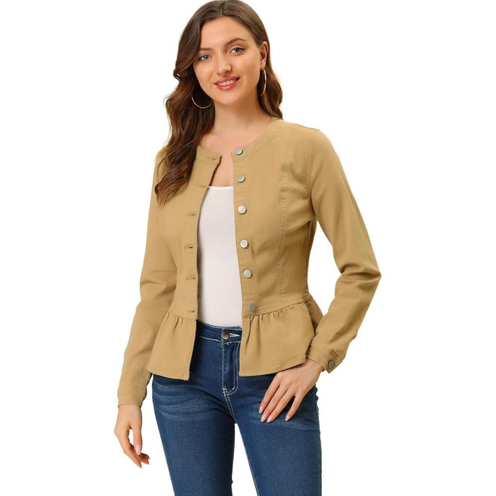 imageAllegra K Womens Peplum Denim Jackets Collarless Round Neck Button Down Cropped Ruffle Hem JacketKhaki