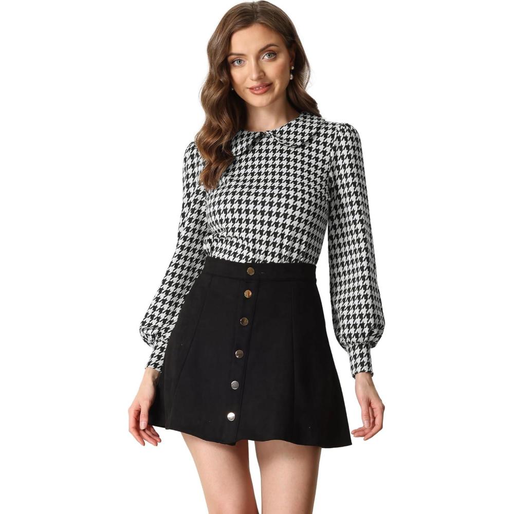 imageAllegra K Womens Peter Pan Collar Shirt Fashion Puff Long Sleeve Houndstooth Plaid BlouseBlack