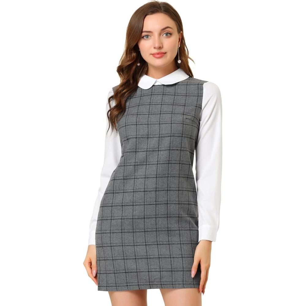 imageAllegra K Womens Peter Pan Dress 60s Clock Block Mini Long Sleeve DressesGrey