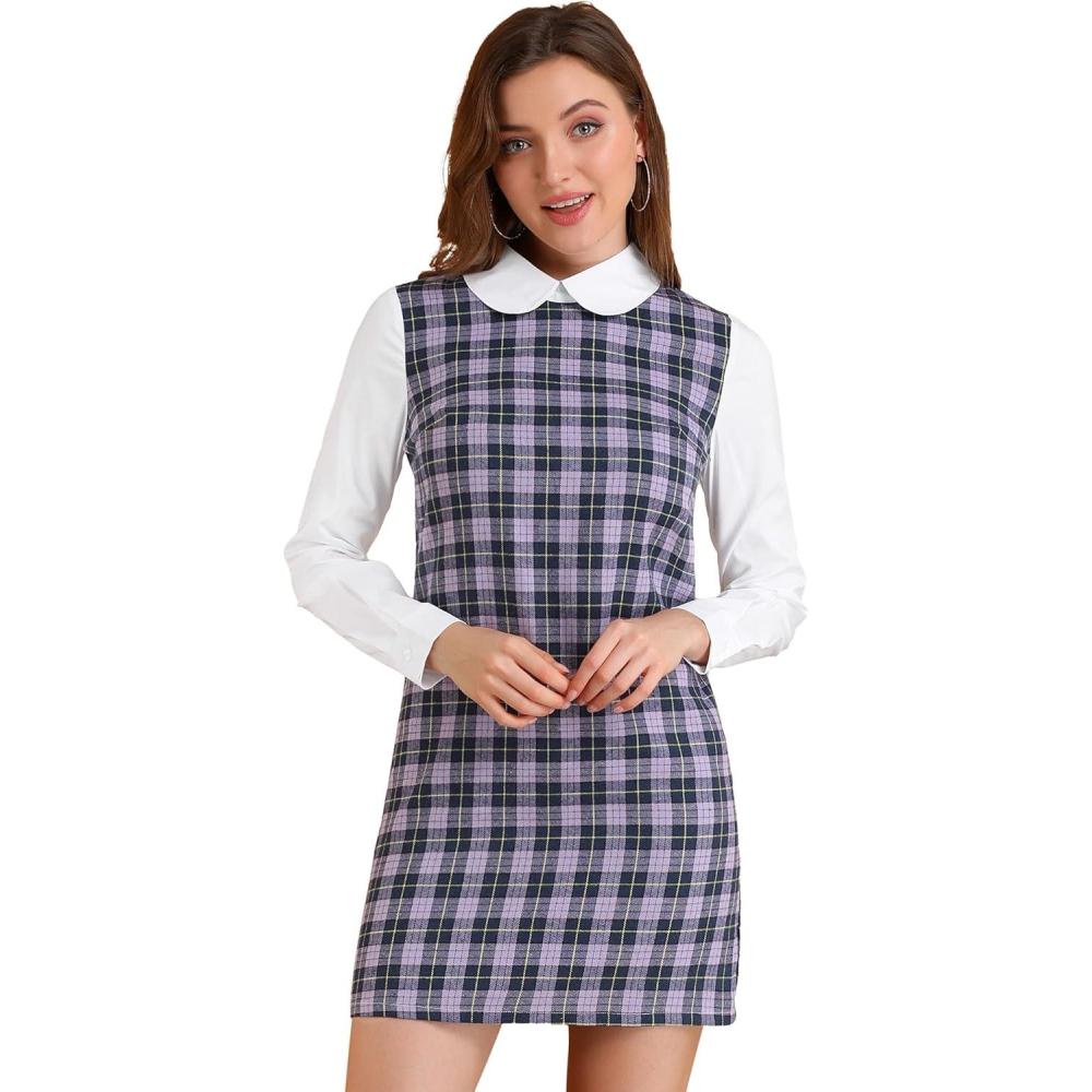imageAllegra K Womens Peter Pan Dress 60s Clock Block Mini Long Sleeve DressesPurple