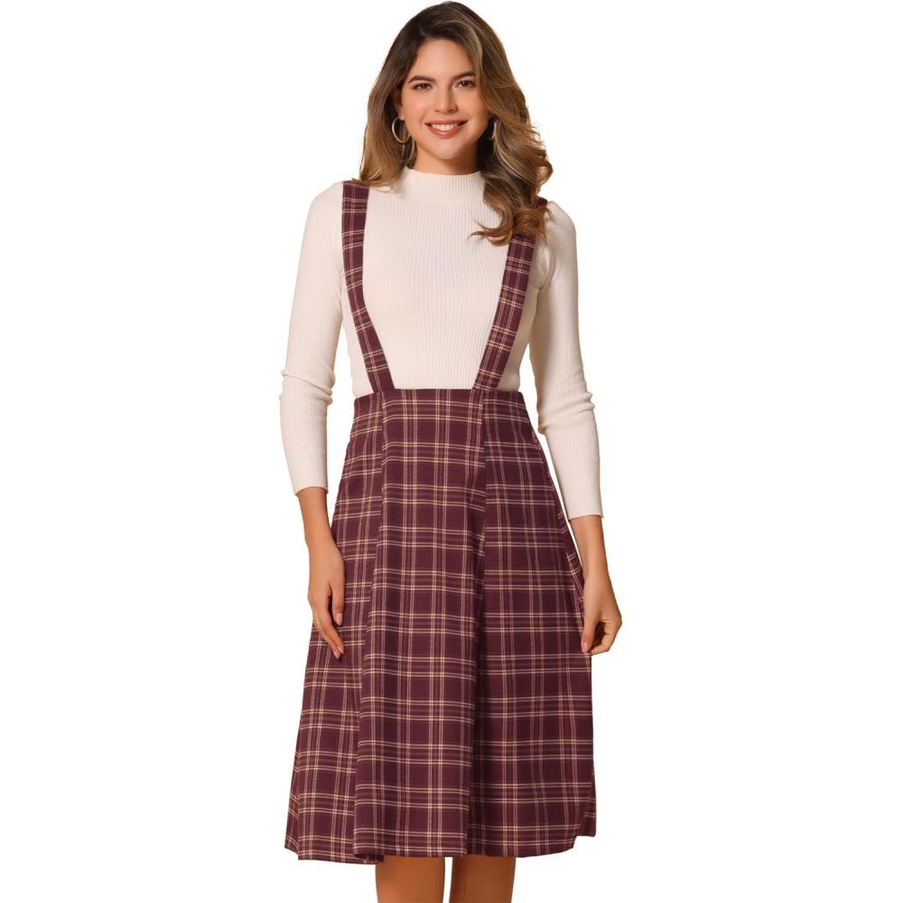 imageAllegra K Womens Plaid Suspender Skirts Vintage Tartan High Waist ALine Midi Overall SkirtDark Red
