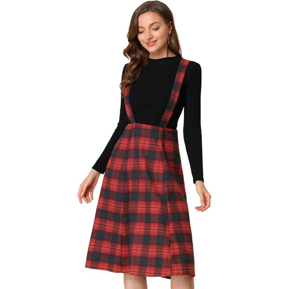 imageAllegra K Womens Plaid Suspender Skirts Vintage Tartan High Waist ALine Midi Overall SkirtRed Plaid