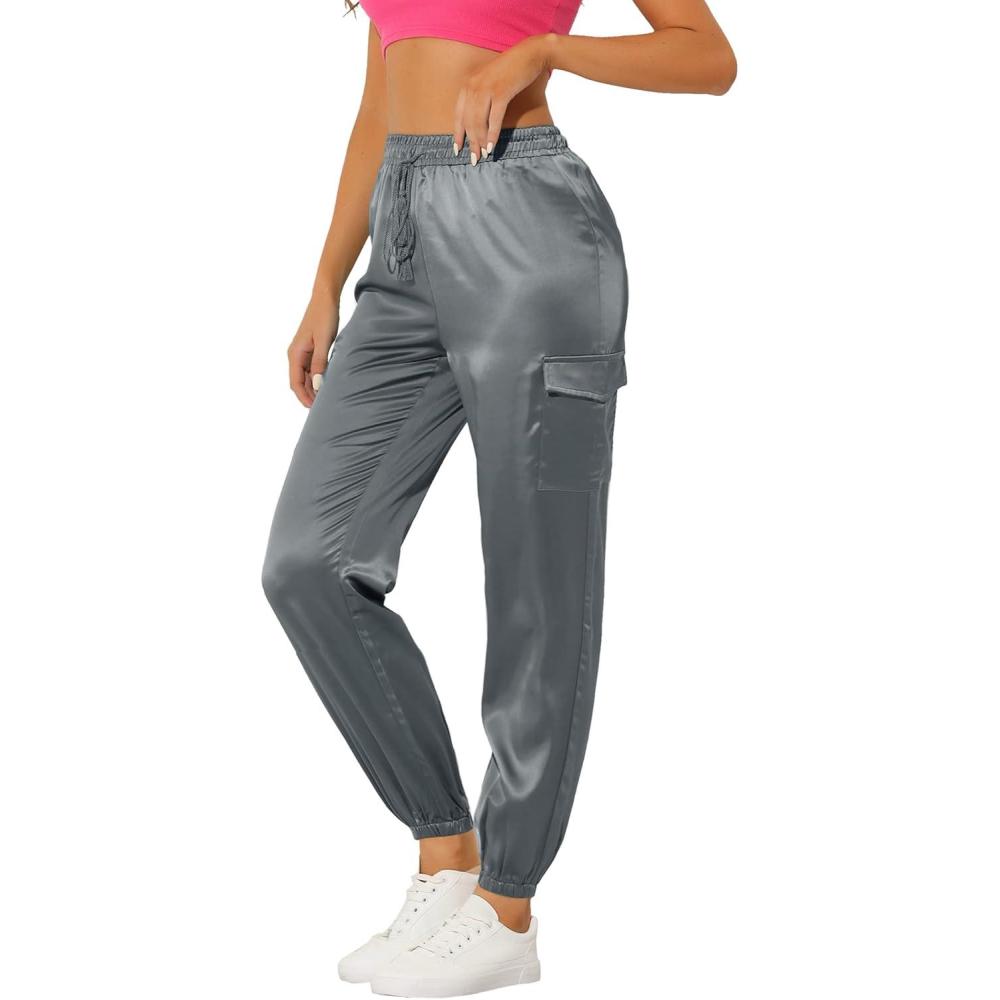 imageAllegra K Womens Satin Pants Tie Elastic High Waist Shiny Silky Dressy Satin Cargo JoggersGrey