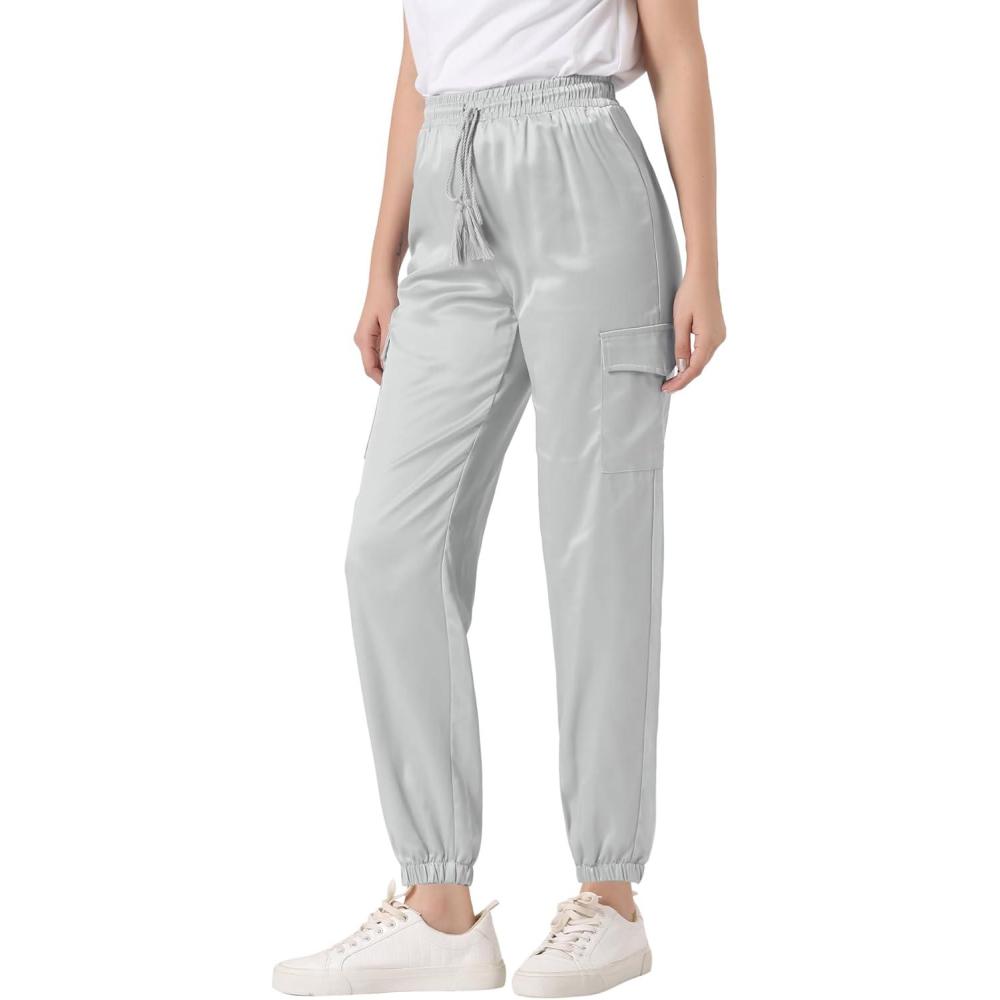 imageAllegra K Womens Satin Pants Tie Elastic High Waist Shiny Silky Dressy Satin Cargo JoggersLight Grey