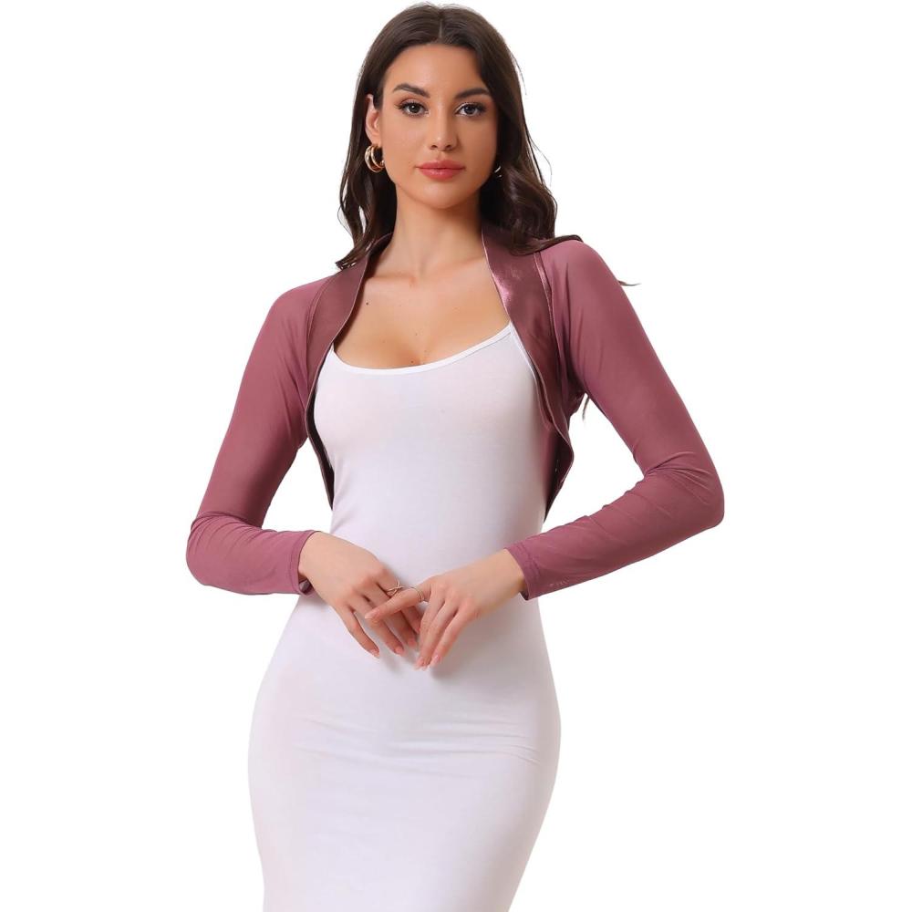 imageAllegra K Womens Satin Shrugs for Evening Dress Open Front Mesh Cardigan Elegant Wedding BoleroDark Pink