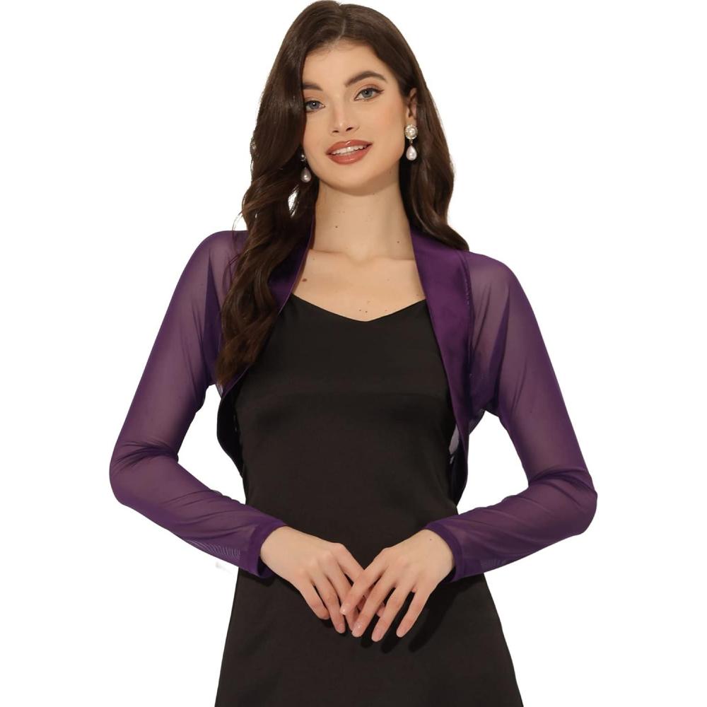 imageAllegra K Womens Satin Shrugs for Evening Dress Open Front Mesh Cardigan Elegant Wedding BoleroDark Purple