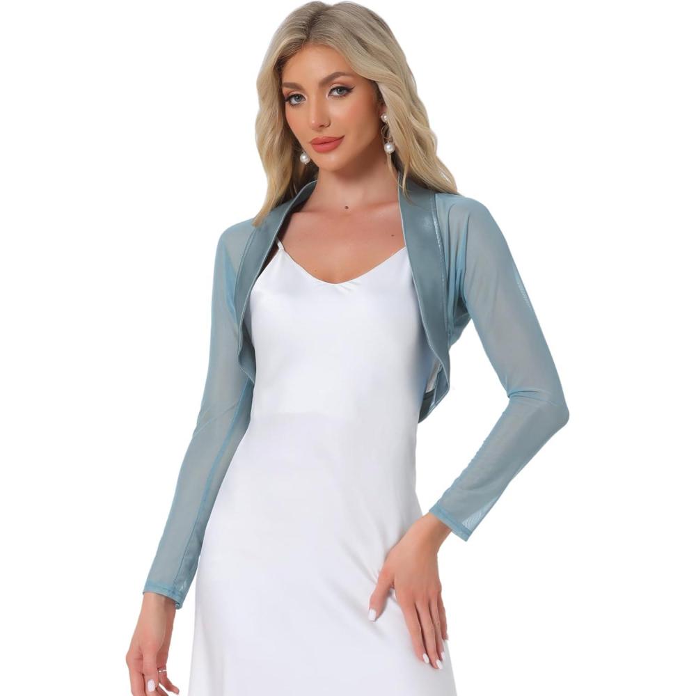 imageAllegra K Womens Satin Shrugs for Evening Dress Open Front Mesh Cardigan Elegant Wedding BoleroLake Blue