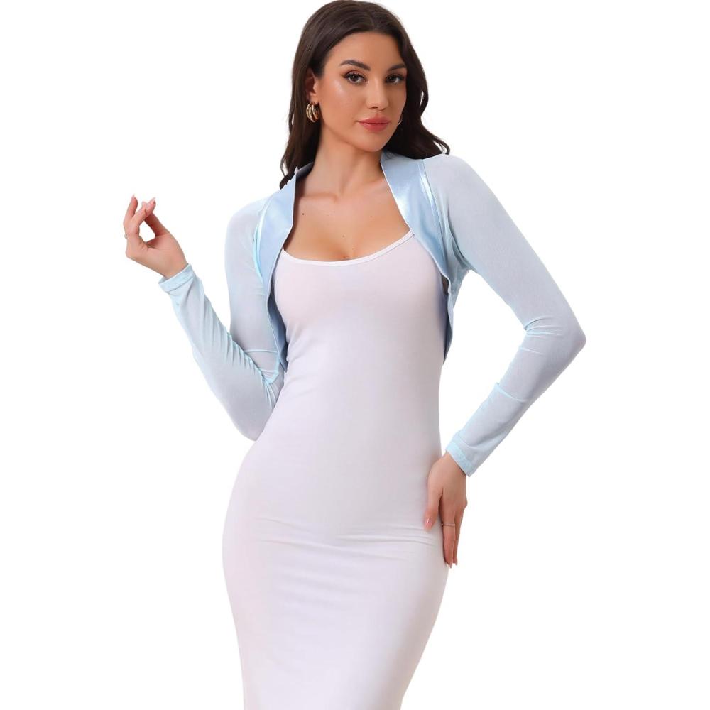 imageAllegra K Womens Satin Shrugs for Evening Dress Open Front Mesh Cardigan Elegant Wedding BoleroLight Blue