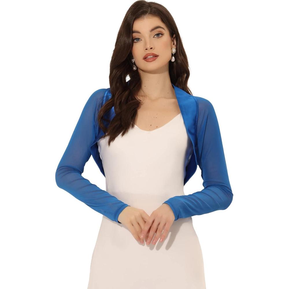 imageAllegra K Womens Satin Shrugs for Evening Dress Open Front Mesh Cardigan Elegant Wedding BoleroRoyal Blue