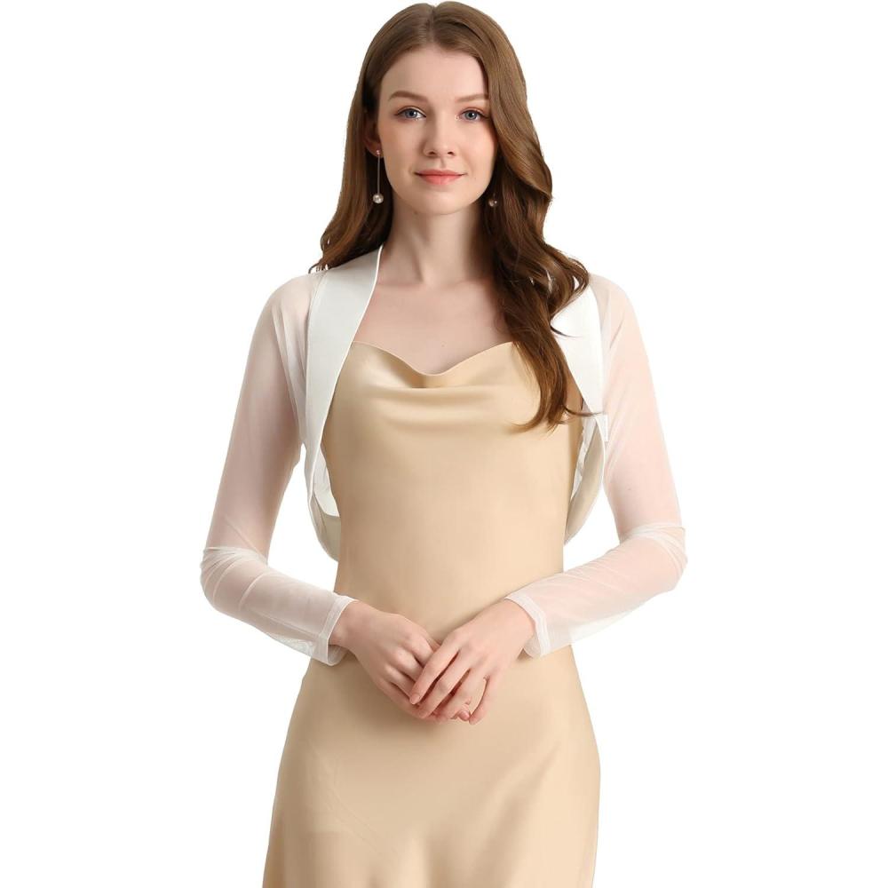 imageAllegra K Womens Satin Shrugs for Evening Dress Open Front Mesh Cardigan Elegant Wedding BoleroWhite