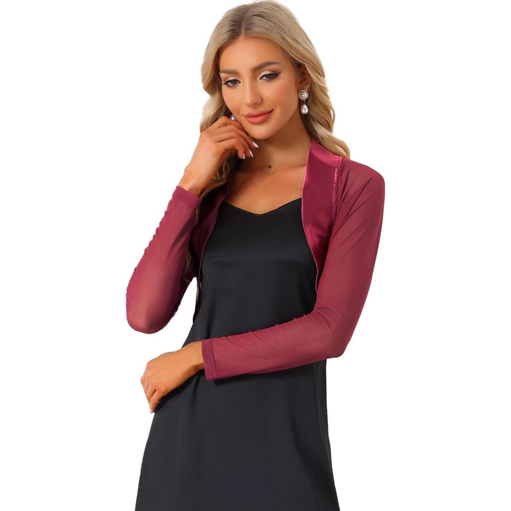imageAllegra K Womens Satin Shrugs for Evening Dress Open Front Mesh Cardigan Elegant Wedding BoleroWine Red