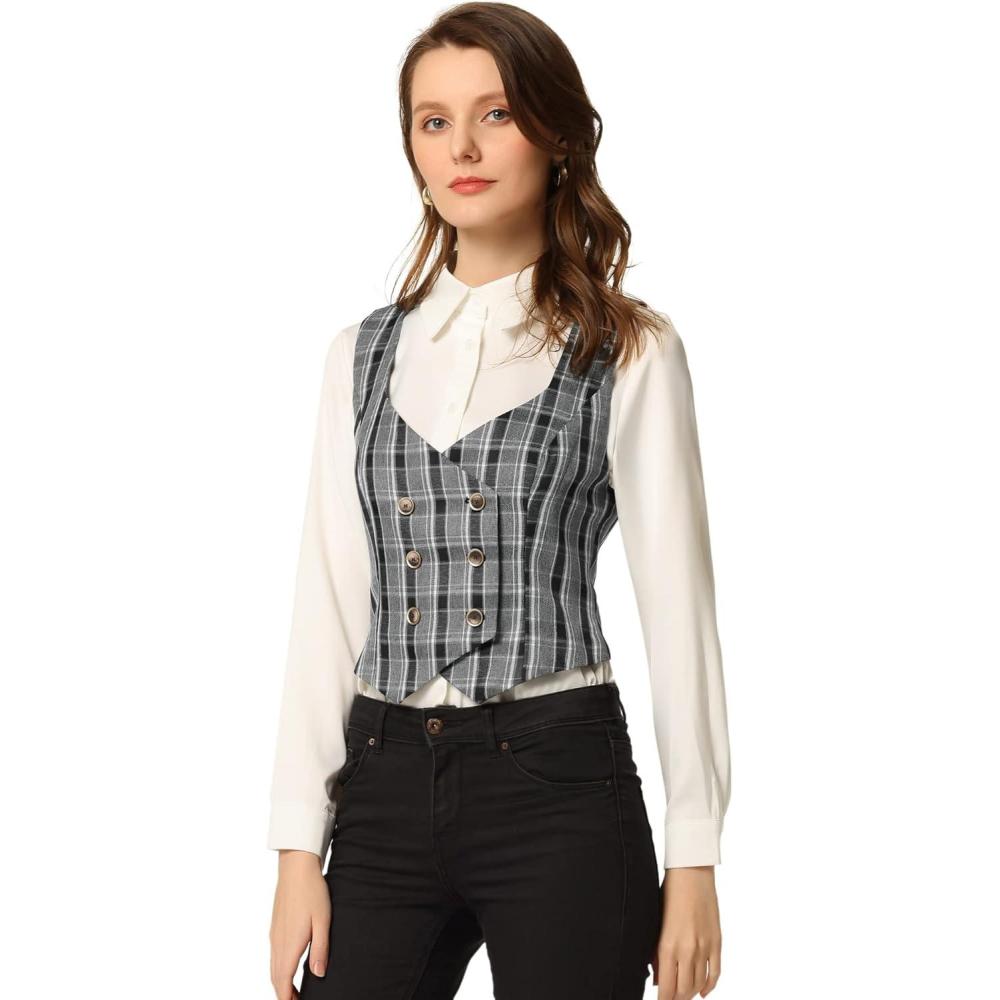 imageAllegra K Womens Suit Vest Plaid Steampunk Vintage 1950s Double Breasted WaistcoatBlack
