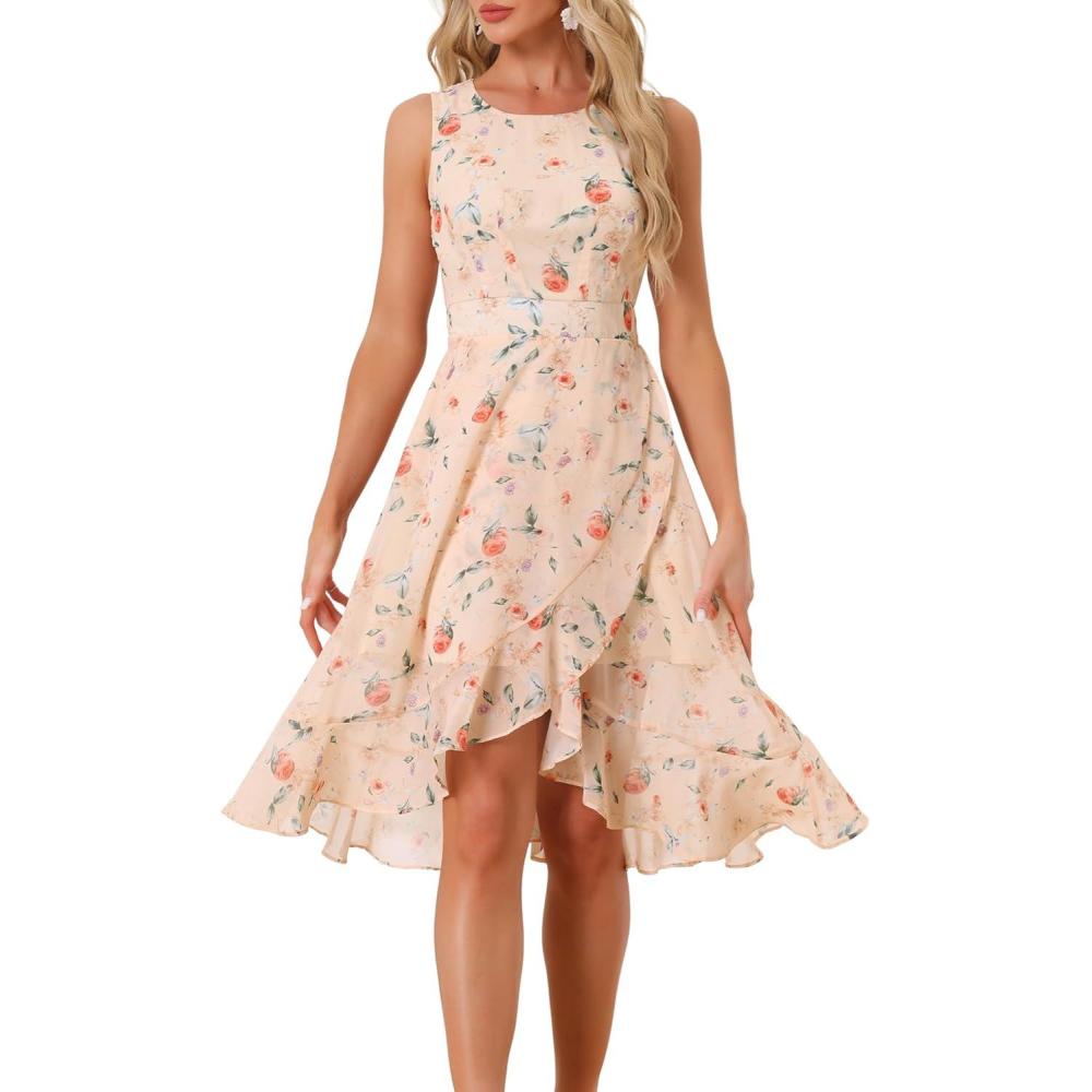 imageAllegra K Womens Summer Dresses 2025 Wrap Ruffle High Low Hem Round Neck Keyhole Back Sleeveless Floral DressApricot
