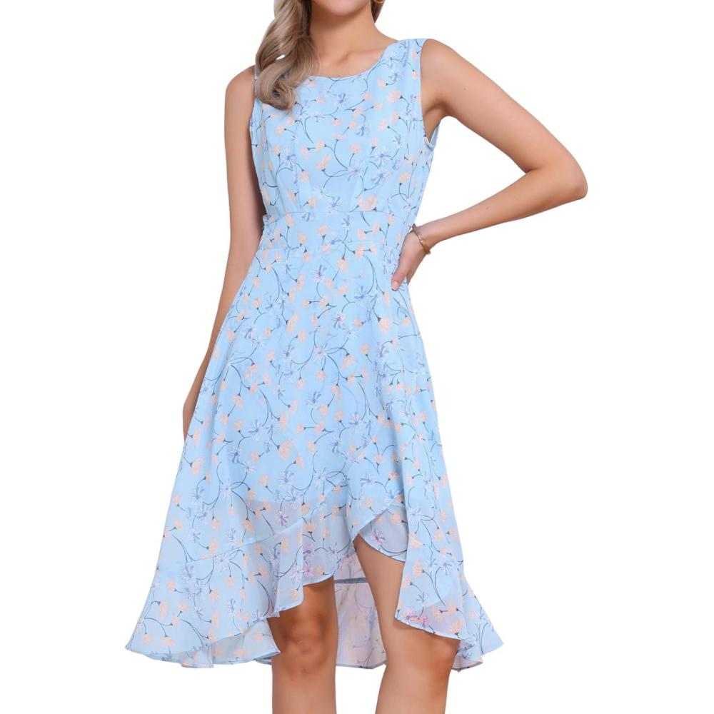 imageAllegra K Womens Summer Dresses 2025 Wrap Ruffle High Low Hem Round Neck Keyhole Back Sleeveless Floral DressBlue