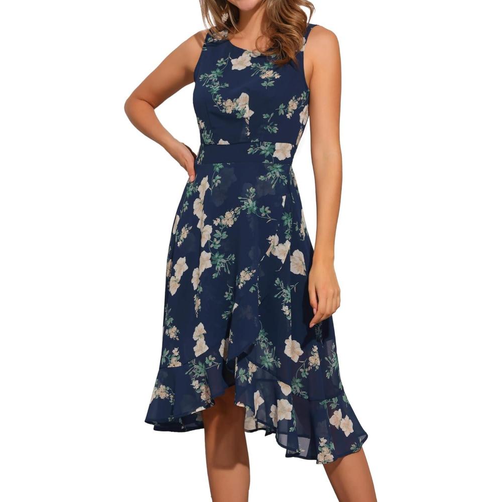 imageAllegra K Womens Summer Dresses 2025 Wrap Ruffle High Low Hem Round Neck Keyhole Back Sleeveless Floral DressDark Blue