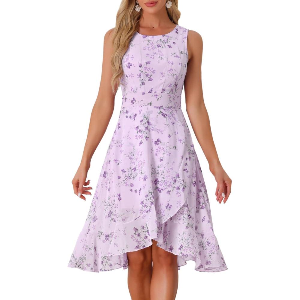 imageAllegra K Womens Summer Dresses 2025 Wrap Ruffle High Low Hem Round Neck Keyhole Back Sleeveless Floral DressPurple