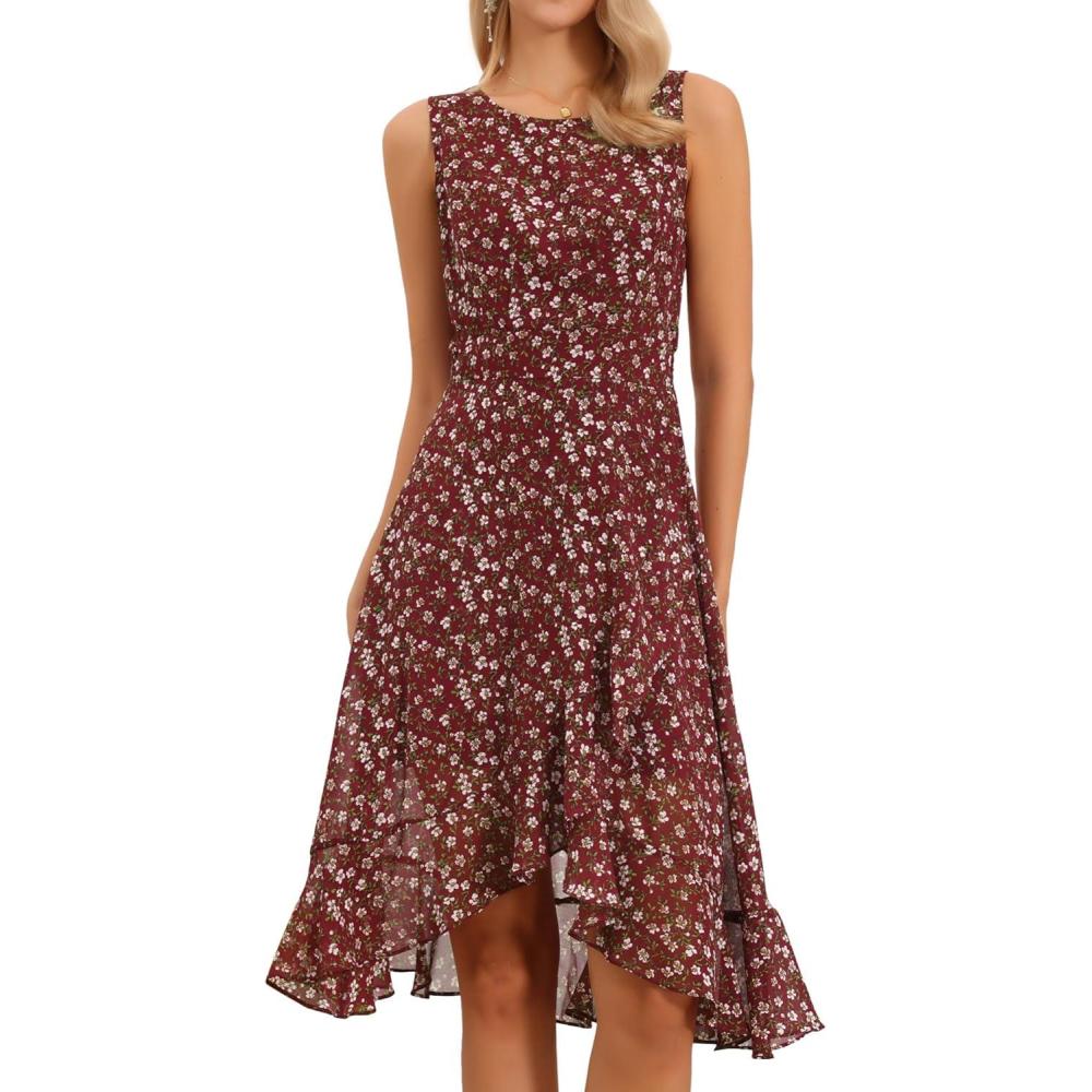 imageAllegra K Womens Summer Dresses 2025 Wrap Ruffle High Low Hem Round Neck Keyhole Back Sleeveless Floral DressWine Red