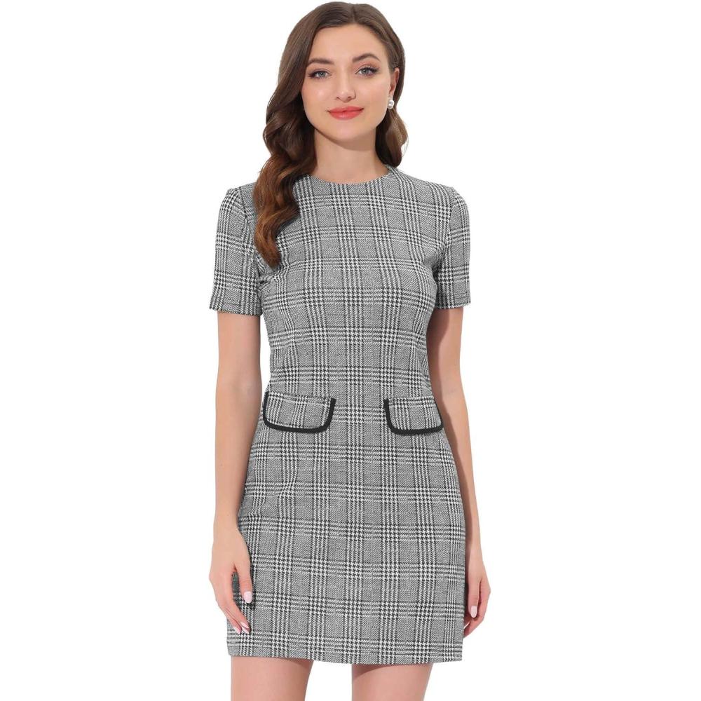 imageAllegra K Work Dress for Women Short Sleeve Vintage Houndstooth Above The Knee DressBlack