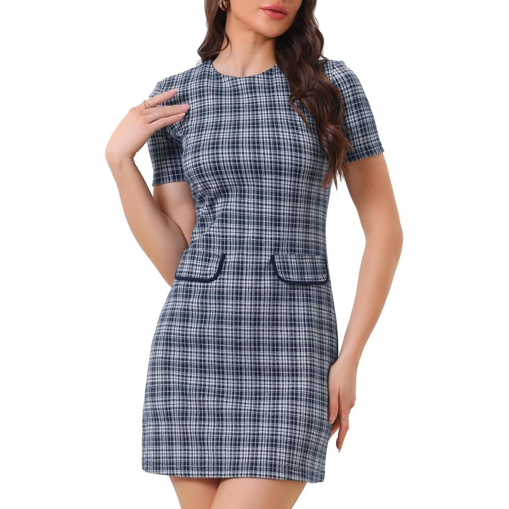 imageAllegra K Work Dress for Women Short Sleeve Vintage Houndstooth Above The Knee DressDark Blue