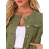 imageAllegra K Womens Denim Jacket Collarless Round Neck Button Down Long Sleeve Jean JacketsArmy Green