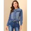 imageAllegra K Womens Denim Jacket Collarless Round Neck Button Down Long Sleeve Jean JacketsBlue